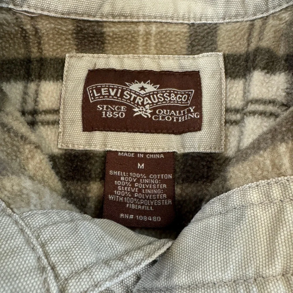 Y2K Levi Strauss Canvas Chore Jacket Shacket Fleece Lined Tan Plaid Size Medium